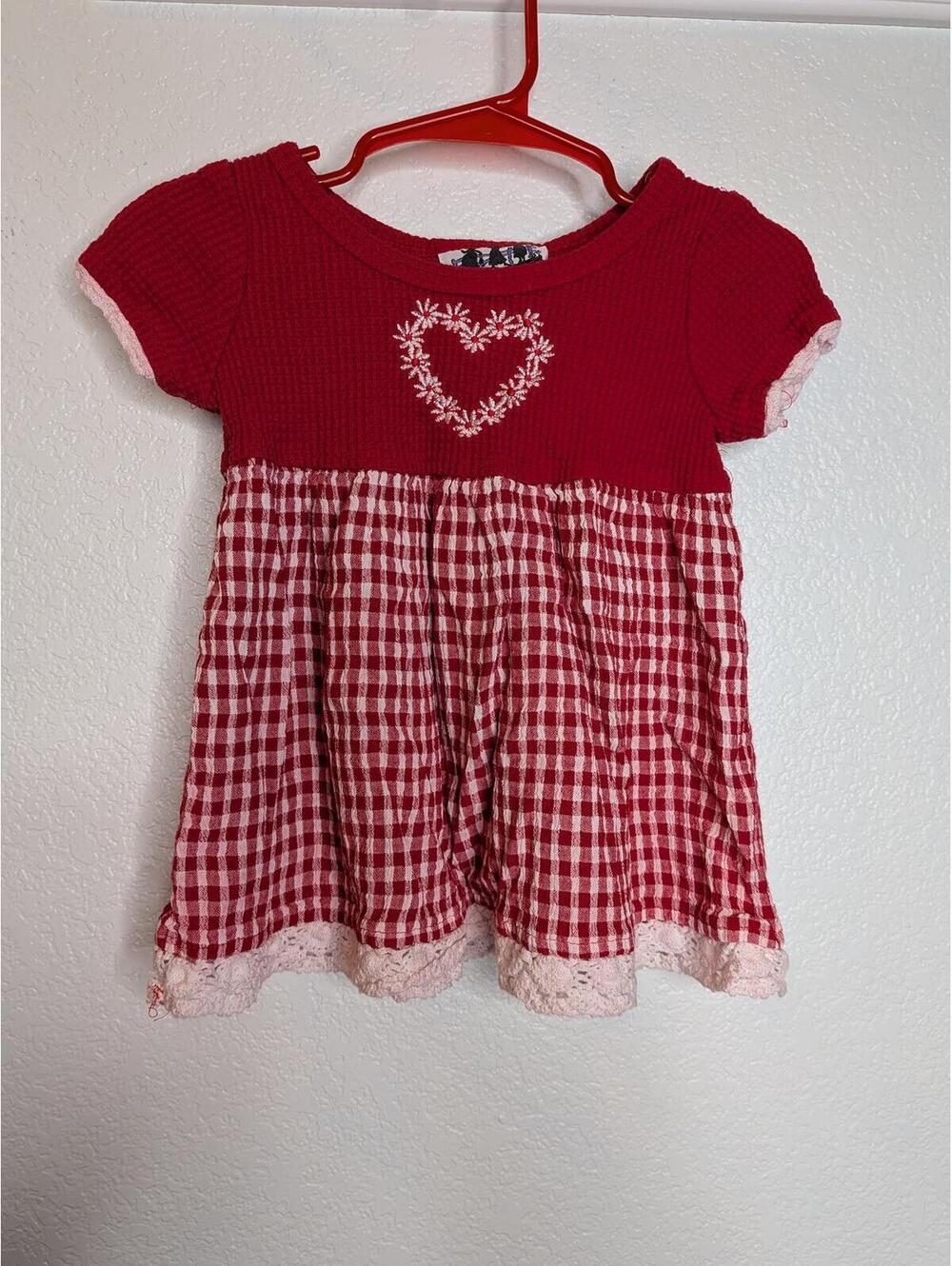 Vintage 90's Zoey Red Gingham Heart Embroidered Baby Toddler Dress Size 18 Mo